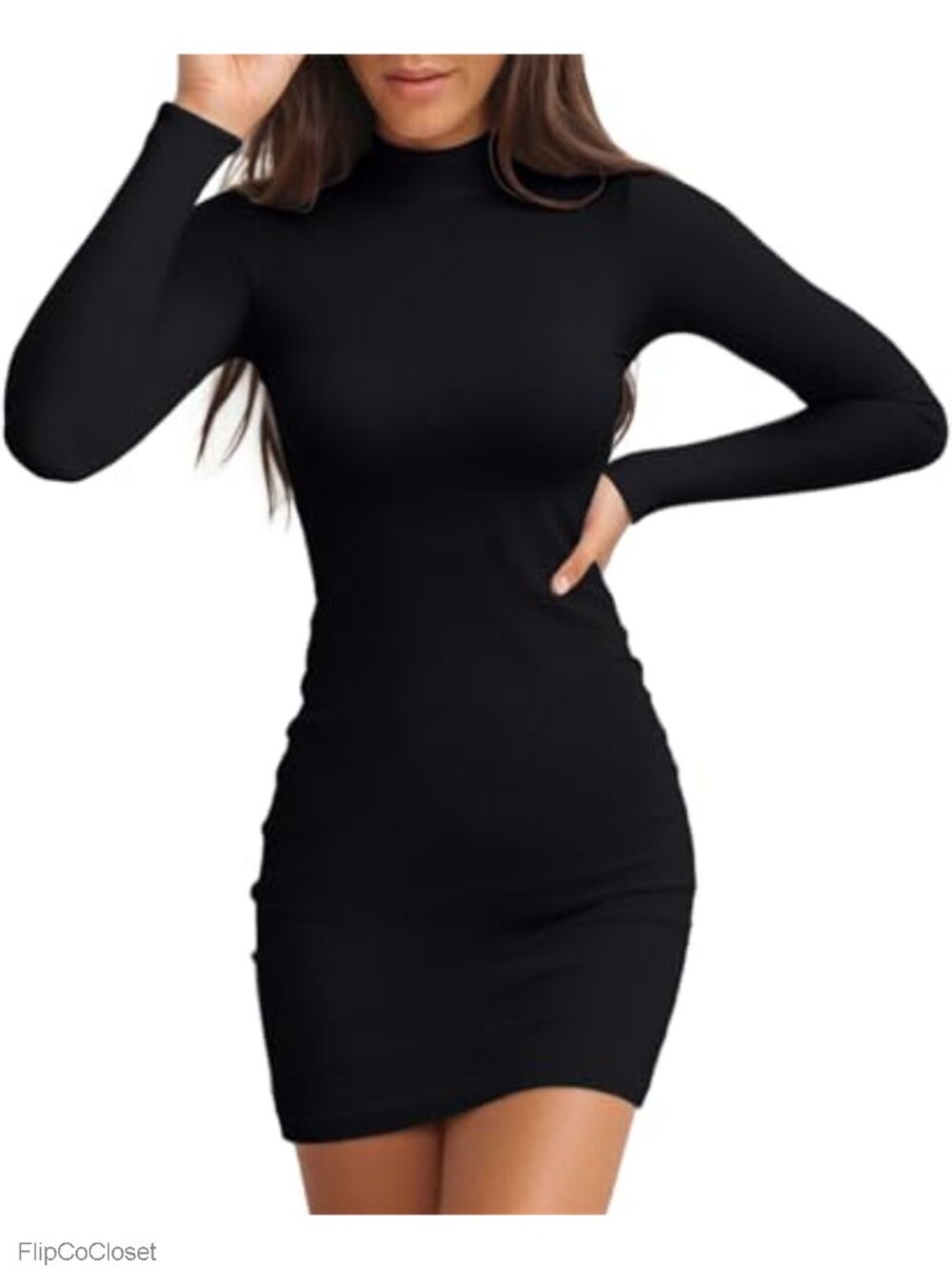 Mock Neck Bodycon Mini Dress Long Sleeve Ribbed Knit Slim Fit